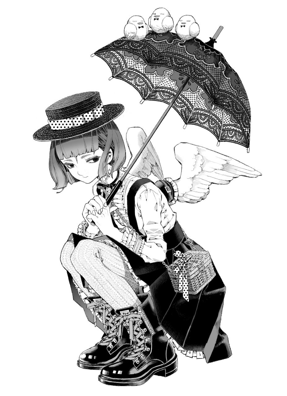 Фото Девушка в шляпке и с зонтиком, на котором сидят птицы, художник гѓЏгѓўгѓігѓ‰иЏЇйє—