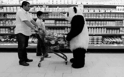 Фото Человек в костюме панды опрокидывает корзину с продуктами в магазине