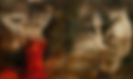 Фото Девушка в красном платье заложив руки за голову и мужчина в шляпе обнаженный до пояса поднявший руки вверх, танцуют танец среди абстрактных линий, художник Lidia Wylangowska