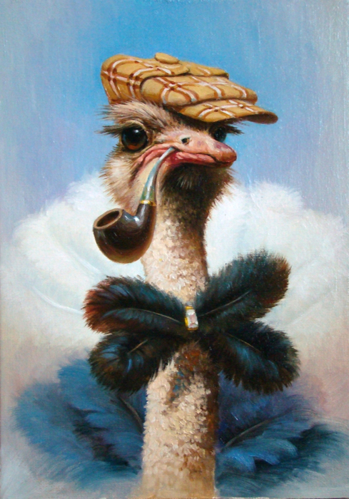 Фото Прикольный рисунок страуса в клетчатой кепке, с люлькой во рту и с бабочкой на шее, в виде черных перьев, художник Иван Харченко