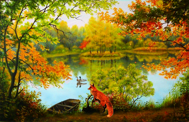 Фото Осень, падают листья, рыжая лиса на берегу озера охотится за парой уток, плавающих на воде, у берега качается на волнах лодка