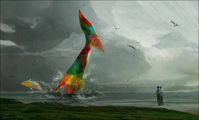 Фото Двое людей на берегу наблюдают, как разноцветный фантастический кит нырнул в глубины океана, вспугнув при этом разноцветную рыбу, которая спасаясь выпрыгнула из воды, над волнами летают птицы