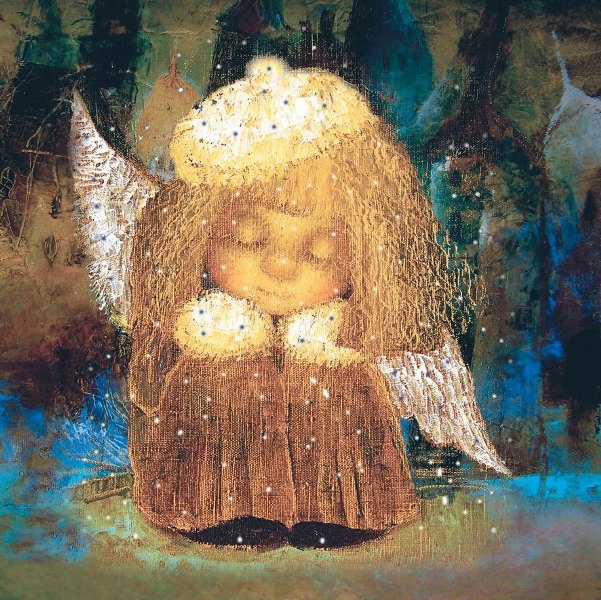 Фото Маленький ангелочек в варежках и шапочке сидит закрыв глазки, художник Галина Чувиляева
