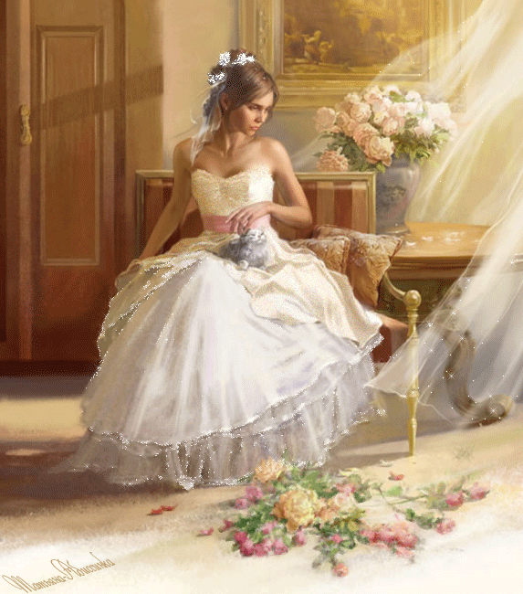 Фото Девушка в свадебном платье сидит на кресле, держит на коленях котенка и гладит его рукой, на полу разбросаны розы, из окна дует ветерок, колыша легкие занавески
