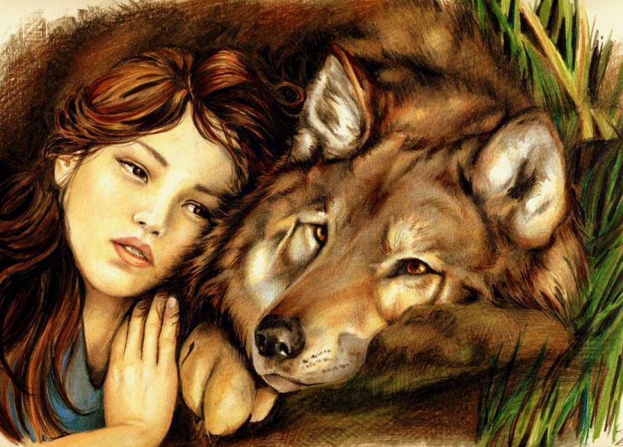 Фото Девушка рядом с волком
