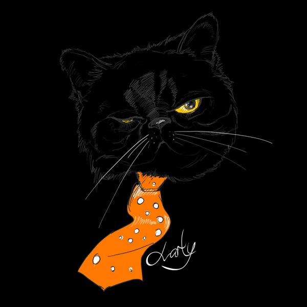 Фото Прищуренный одним глазом черный кот в оранжевом галстуке