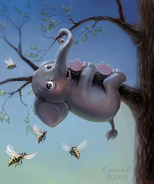 Фото Слоненок висит на ветке дерева, вокруг него пчелы. by Cariana R