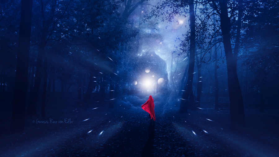 Фото Девушка в красном плаще стоит посреди леса, арт by RazielMB