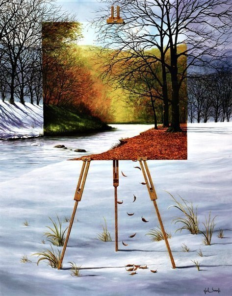 Фото Нарисованный пейзаж на картине, которая установлена на мольберте сливается с зимним пейзажем на природе, но в осеннем варианте, работа Neil Simone