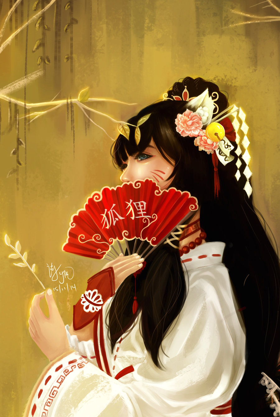 Аниме девушка в кимоно с веером