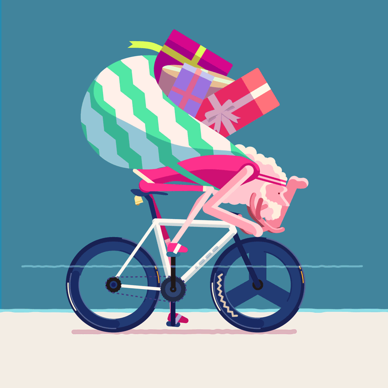 Фото Санта Клаус мчится на велосипеде с подарками на Новый год