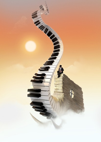 Фото Мужчина сидит на стене здания с клавишами рояля, похожими на слона с хоботом и играет на саксофоне, вверху светит Солнце, художник David Revoy