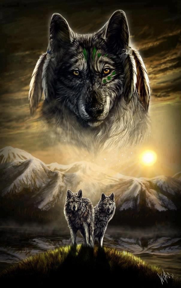 Фото Мистический образ волка на небе, перед которым стоят на холме два волка, by WolfRoad