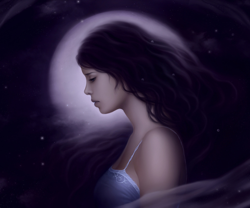 Фото Девушка в ночи на фоне полной луны