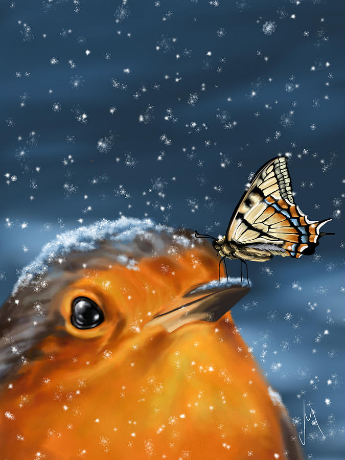 Фото На присыпанный снегом клюв птички села бабочка