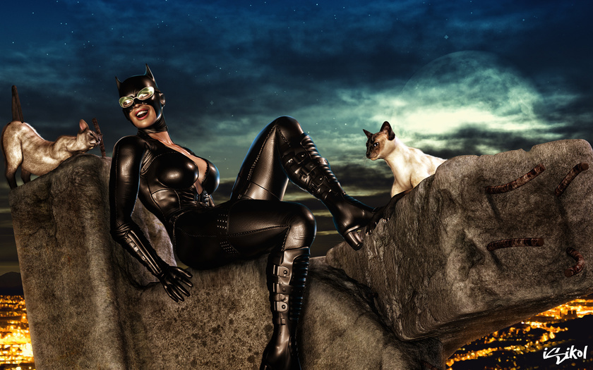 Фото Catwoman, женщина-кошка сидит на обломках железобетонных конструкций и улыбается стоящим возле нее ангорским кошкам