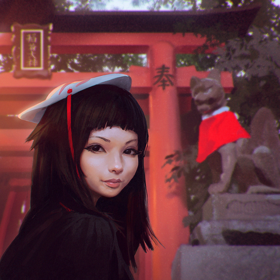 Фото Девушка с маской на голове перед храмом
