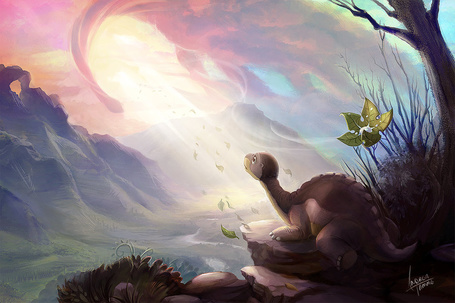 Фото Маленький динозаврик стоит на краю обрыва, на фоне природы, работа Dont Lose Your Way / не заблудиться, by AndreaTamme