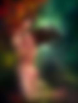 Фото Стоящий на коленях обнаженный парень обнимает обнаженную, стоящую на коленях девушку, которая кусает красное яблоко, над головой парня из языков пламени выглядывают разъяренные волки, автор Schin Loong