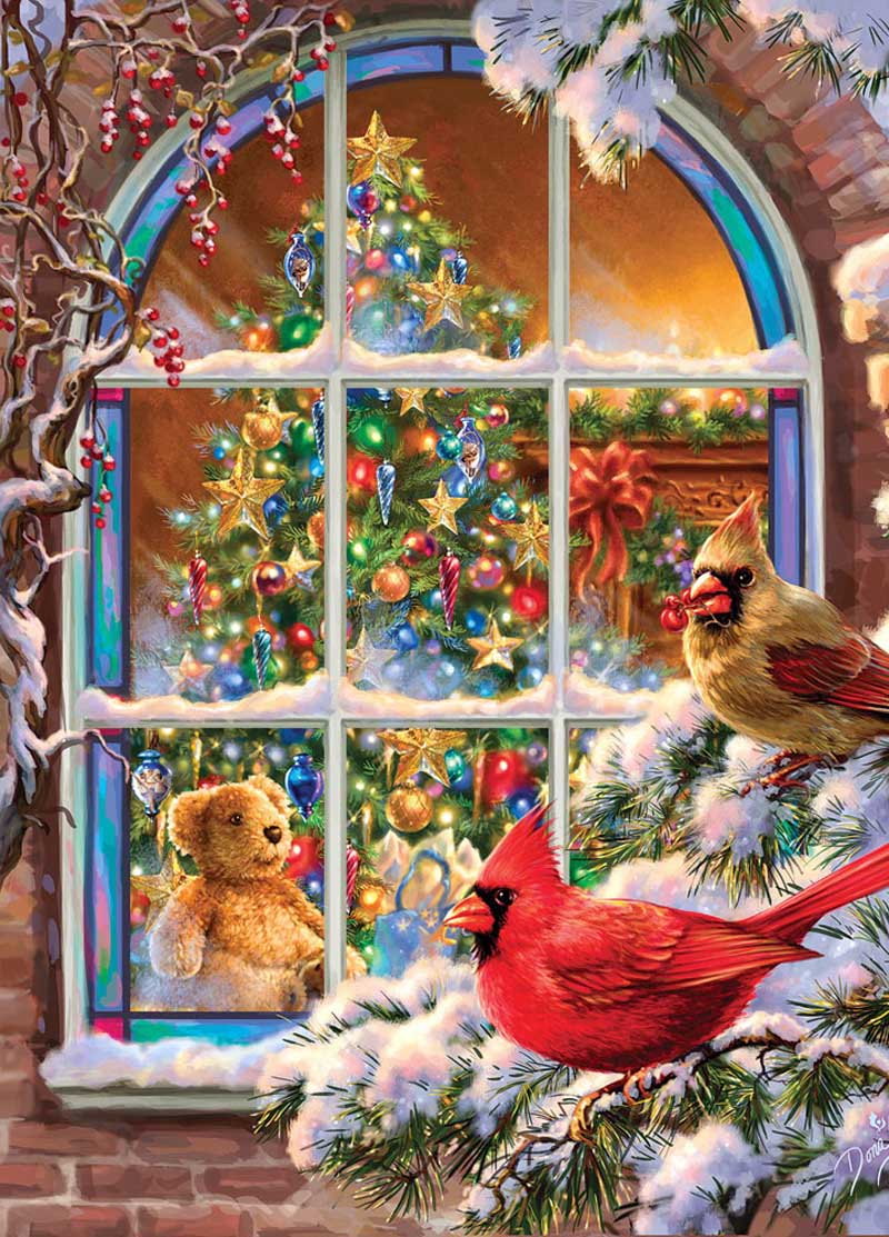 Фото На веточке сидят две птицы, в доме стоит новогодняя елка, у окна сидит плюшевый медведь
