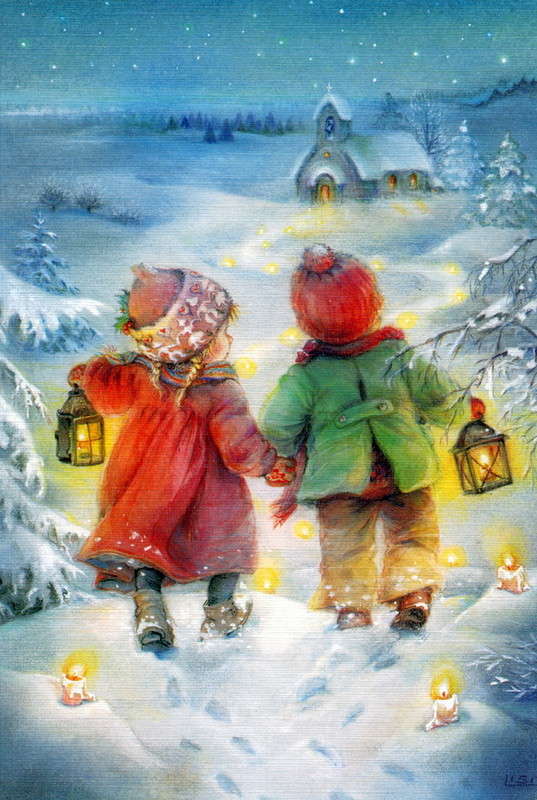 Фото Мальчик и девочка в зимних одеждах идут к церкви взявшись за руки, держа в руках светящиеся фонари по зимней дороге, по краям которой горят свечи, автор Lisi Martin