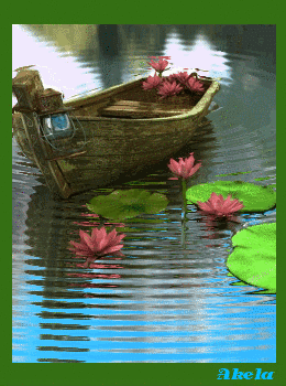Фото Лодка с фонарем и цветами плавает на воде, среди лилий, Akela