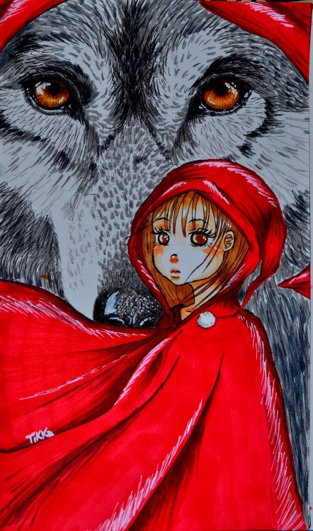 Фото Девочка Красная Шапочка стоит на фоне огромного волка в красной шапочке, Tikka