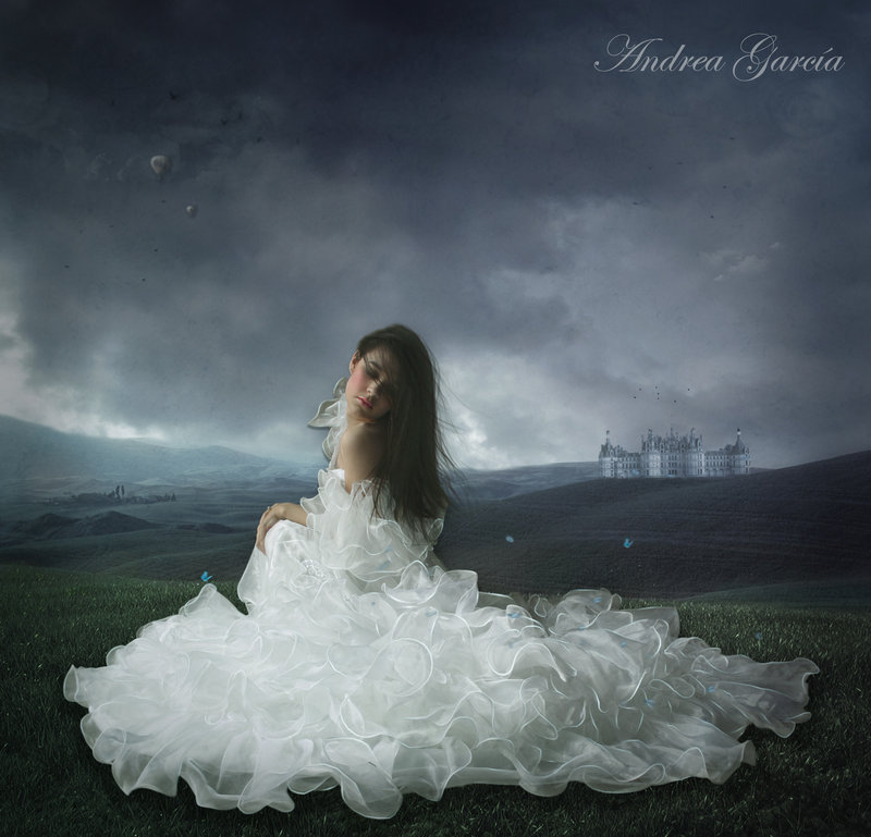 Фото Девушка в белом платье сидит на земле на фоне облачного неба, by AndyGarcia666