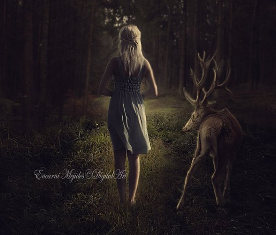 Фото Светловолосая девушка в сарафане стоит рядом с оленем у входа в лес, :icondiosaemr:In the deep forest