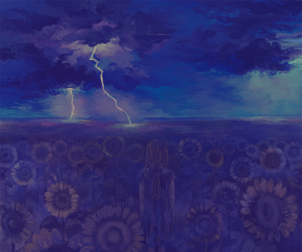 Фото Девушка среди подсолнухов на фоне пасмурного неба, в котором светят молнии