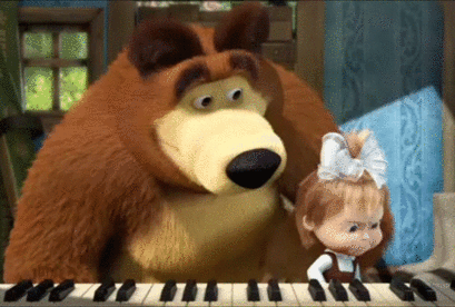 Фото Миша учит Машу игре на пианино, фрагмент из мультфильма Маша и Медведь