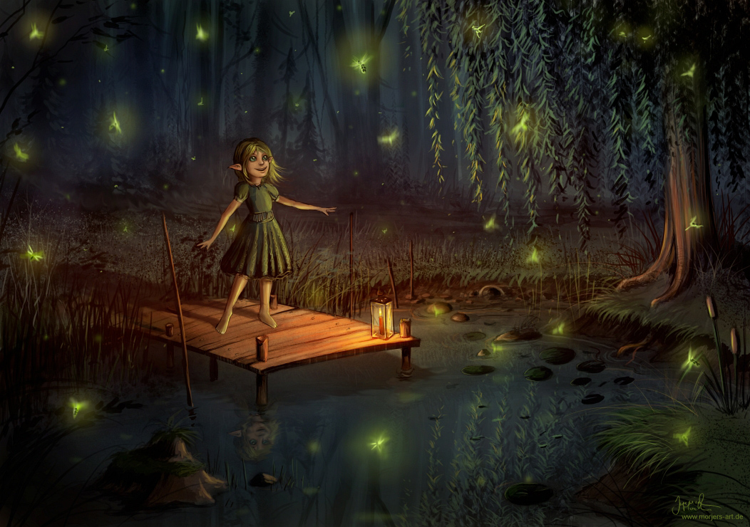 Фото Девочка-эльф стоит на деревяных мостках возле лесного пруда в окружении светлячков