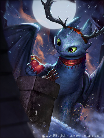Фото Дракон Ночная Фурия (Беззубик) / Night Fury (Toothless) из мультфильма Как приучить дракона / How to Train Your Dragon протягивает подарок руке, торчащей из трубы
