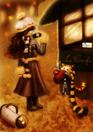 Фото Девушка и тигр пьют горячий кофе возле кафе (Lе Cafe)
