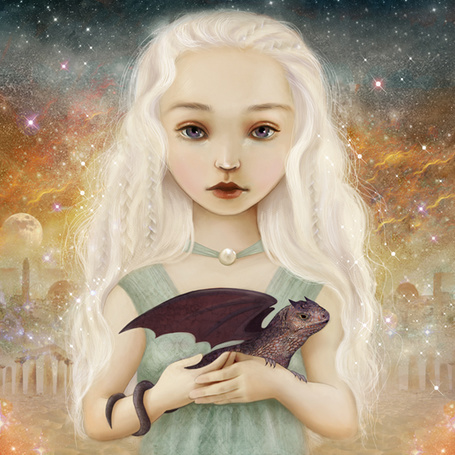 Фото Дайенерис Таргариен / Dayeneris Targaryen из сериала Игра престолов / Game of Thrones держит дракончика, art by meluseena