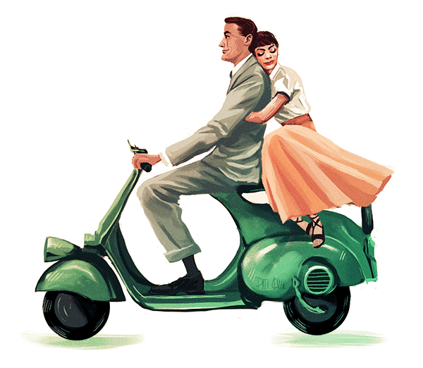 Фото Рисованные мужчина на мотоцикле с прижавшейся сзади к нему женщиной в ретро стиле