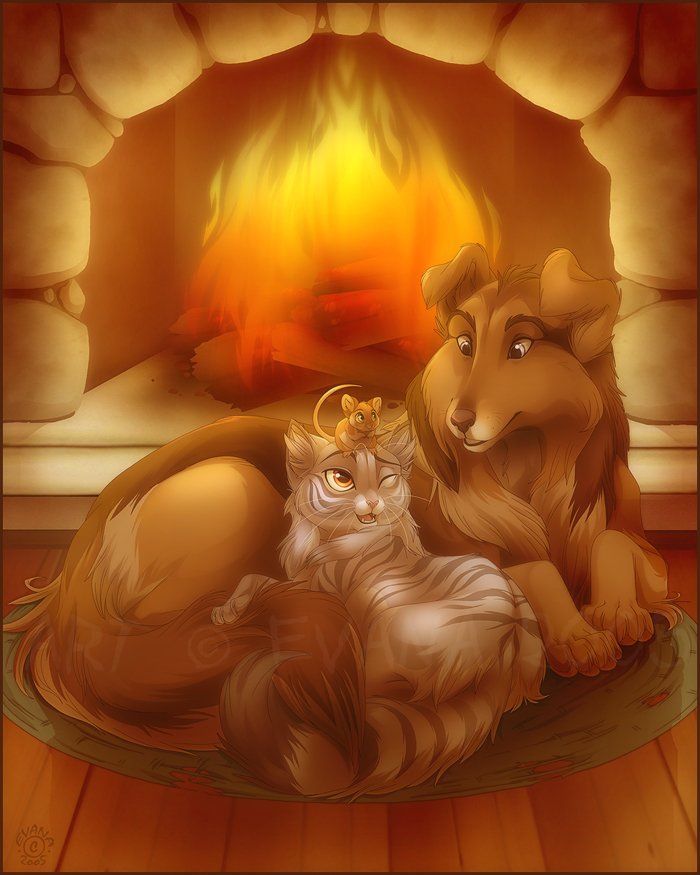 Фото Собака, кошка и мышка лежат у горящего камина