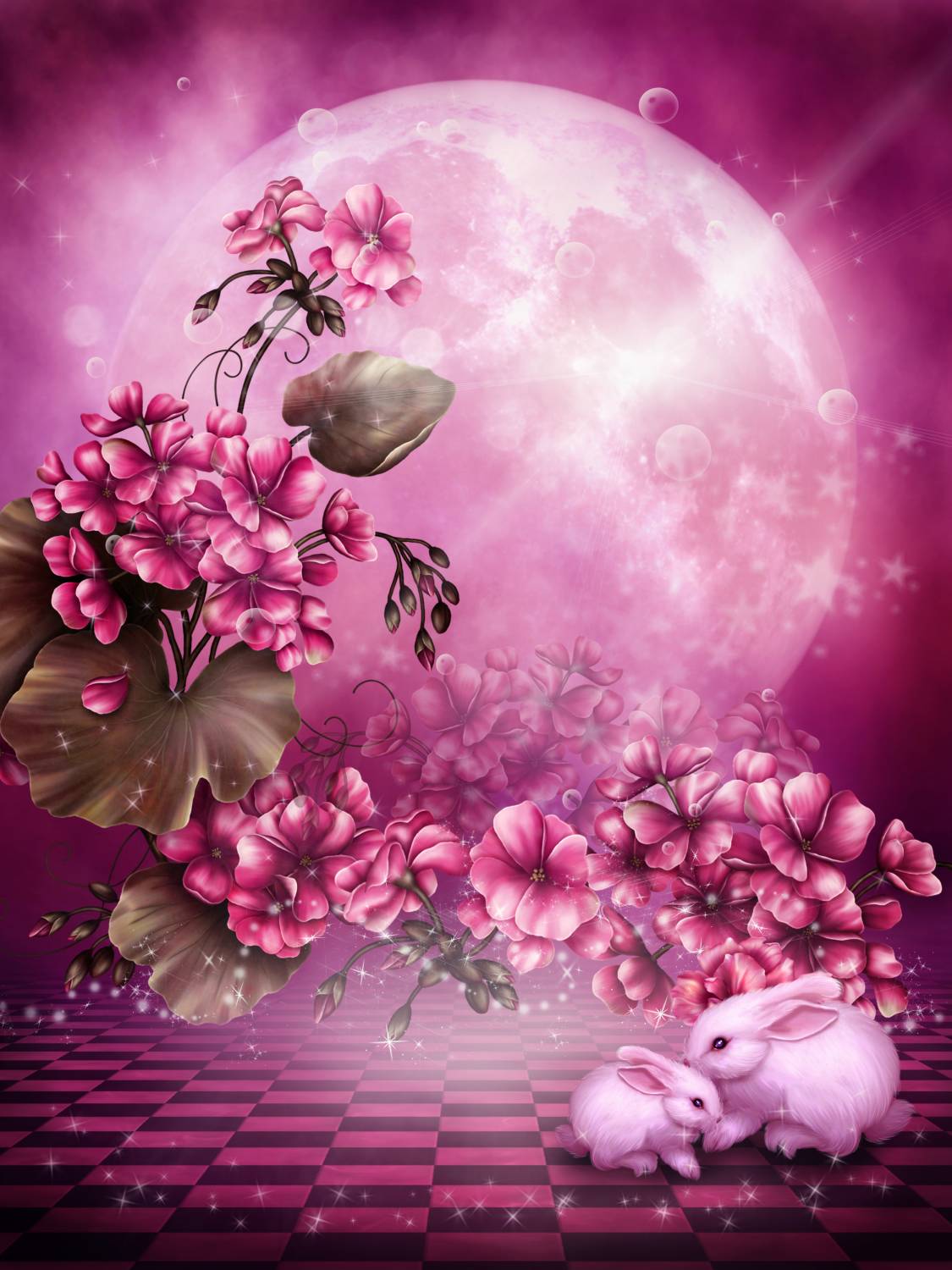Фото Два кролика сидят на клетчатом полу возле цветов, на фоне полной луны