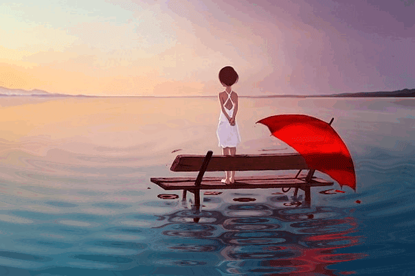 Фото Девушка стоит на скамье, положив рядом раскрытый красный зонт, и любуется красками утренней зари над морем