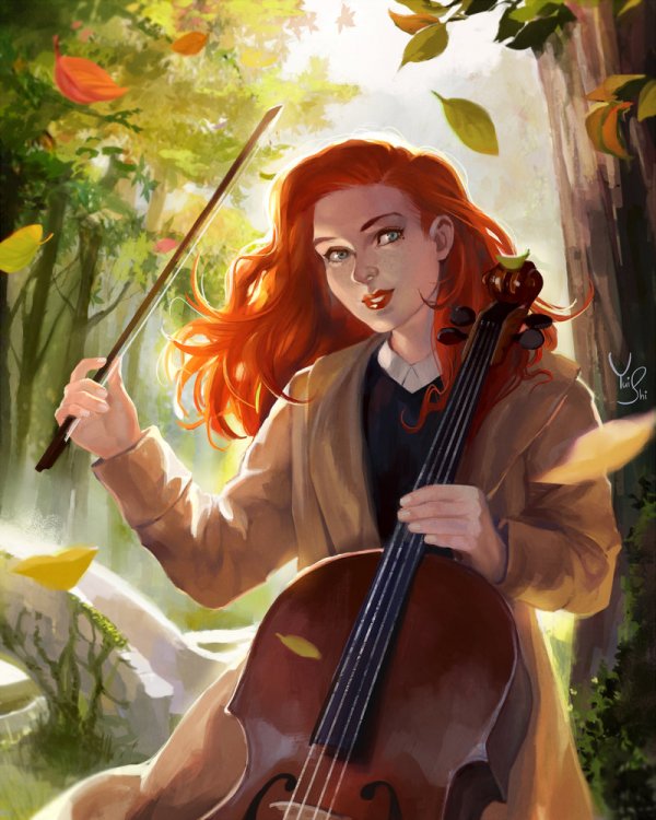 Фото Рыжеволосая девушка с виолончелью сидит под деревом