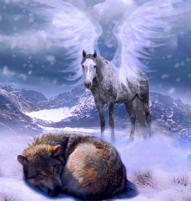 Фото Волк лежит на снегу рядом расправив крылья стоит белый пегас