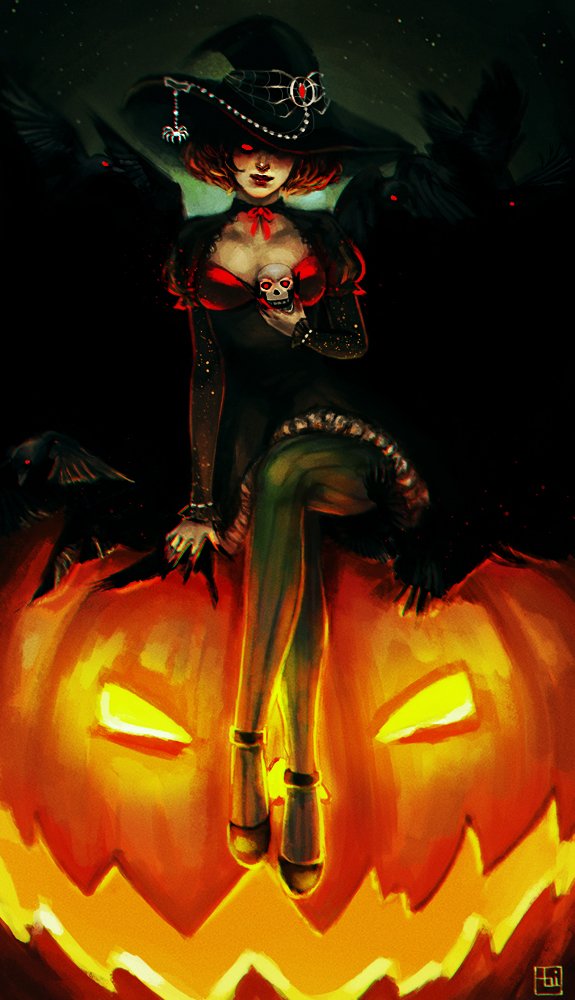Фото Ведьмочка с черепом в руке сидит на большой тыкве