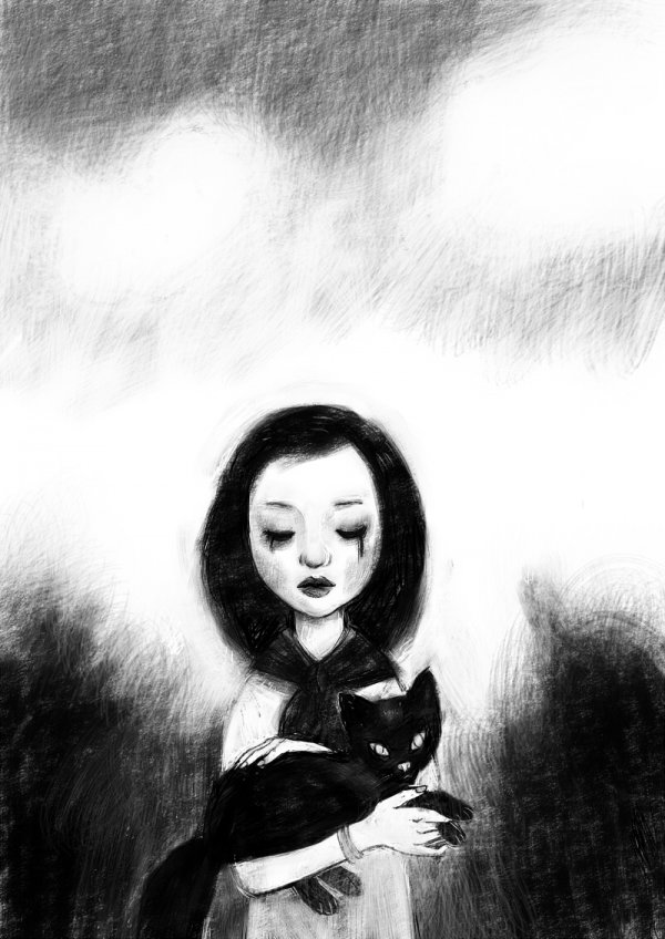 Фото Девочка держит на руках черного котенка
