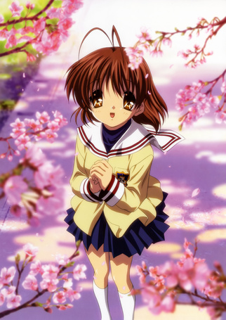 Фото Фурукава Нагиса / Furukawa Nagisa из аниме Кланнад / Clannad восторженно смотрит на лепестки сакуры