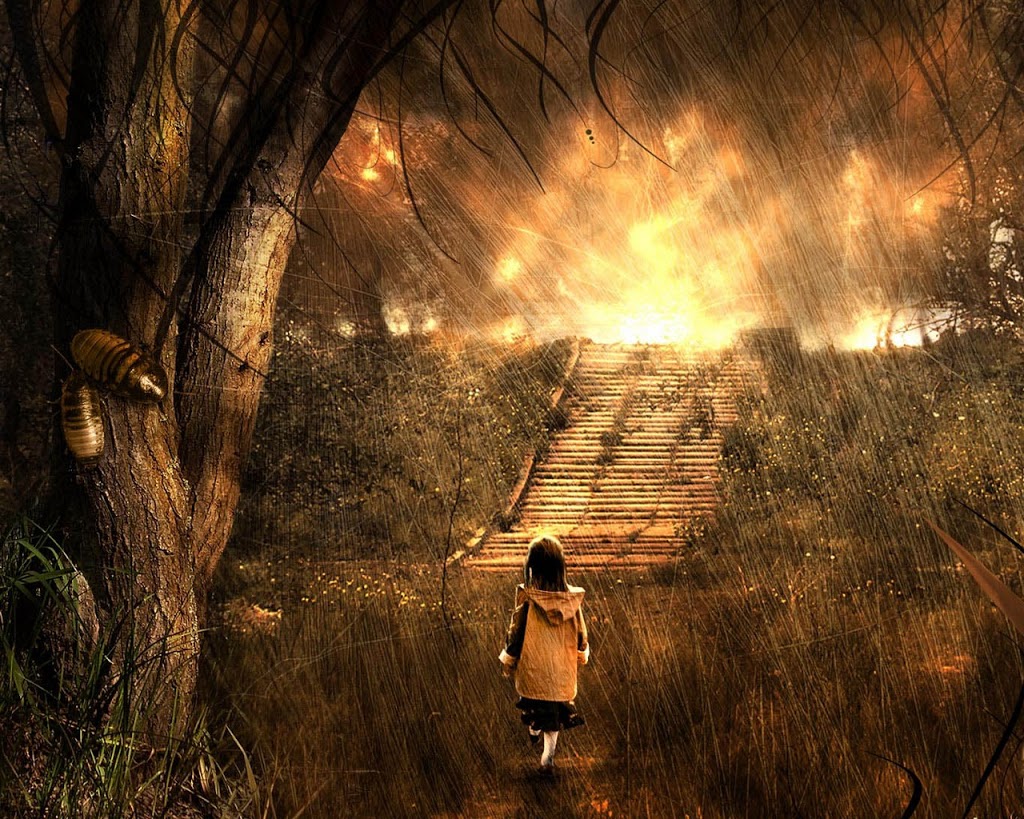 Фото Девочка под проливным дождем среди травы, идет к лестнице, за которой сквозь тучи пробивается солнце