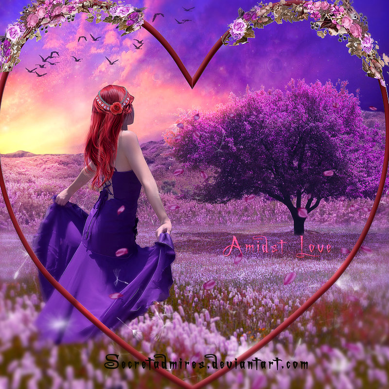 Фото Рыжеволосая девушка с розой в голове, держась за подол фиолетового платья, идущая по цветочной поляне к дереву с сиреневыми листьями на фоне обруча в форме сердечка, обвитого цветами и заката на вечернем небосклоне, Amidst Love / Среди Любви, автор Secretadmires