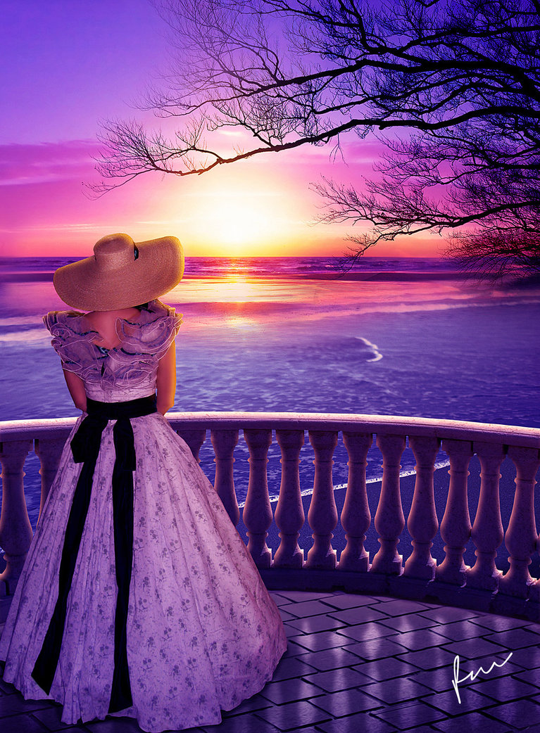 Фото Девушка в широкополой, соломенной шляпе, в длинном, пышном платье, стоящая на каменной, смотровой площадке, любуется красивым закатом солнца на вечернем небосклоне над морским заливом, автор Secretadmires