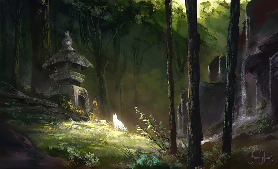 Фото Белый волк стоит в лесу около святилища
