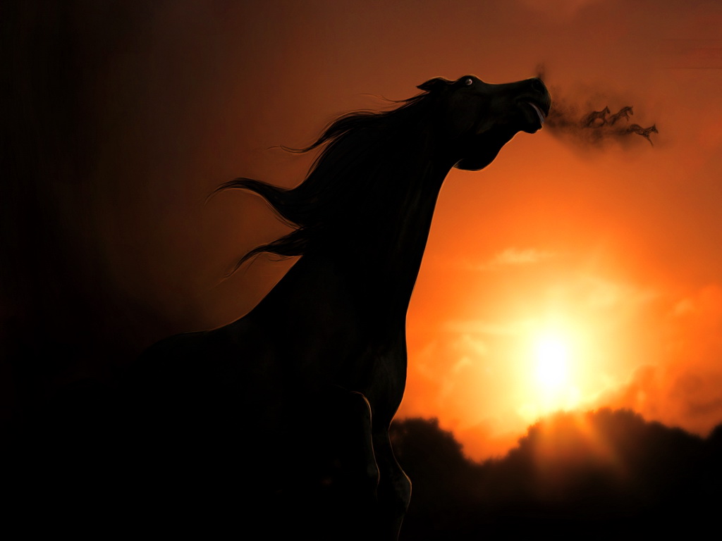 Фото Дикий мустанг стал на дыбы на фоне заходящего Солнца. С его ноздрей идет пар, в котором бегут маленькие лошади