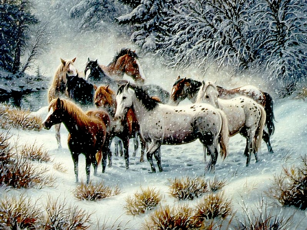 Фото Табун лошадей стоит у опушки покрытого снегом леса на заснеженном лугу